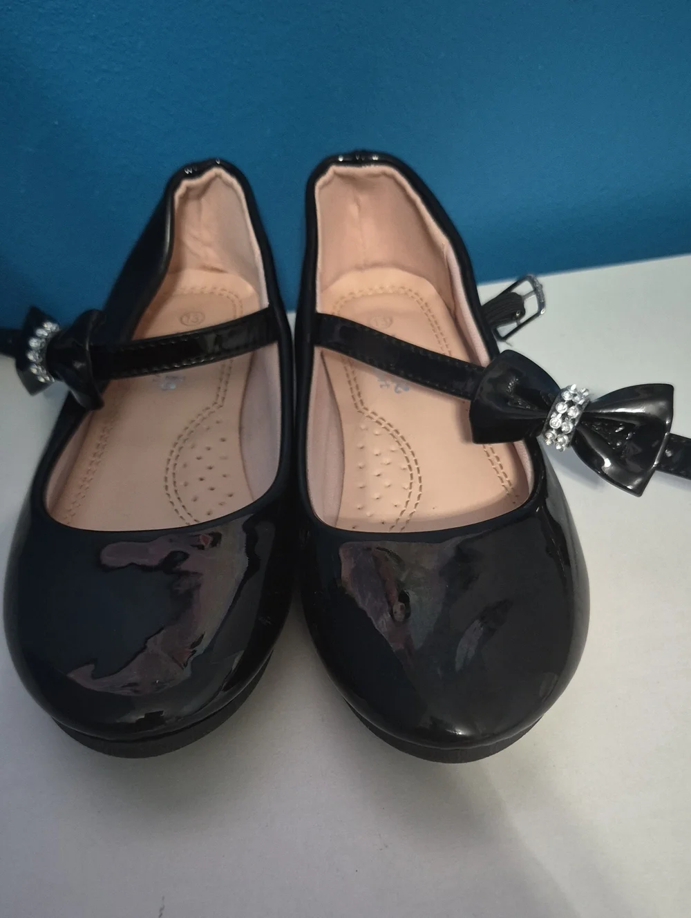 Link Black Patent Mary Jane Shoes with Bow and Rhinestone Accent